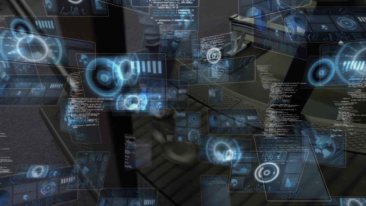 Animation of data processing over woman exercising in gym