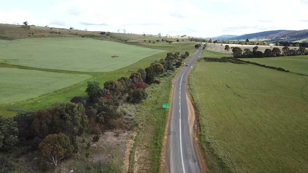 toma de un dron de un automóvil que se aleja a lo largo de una carretera rural recta bordeada de árboles