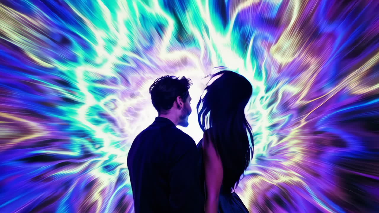 Couple in a Colorful Light Tunnel