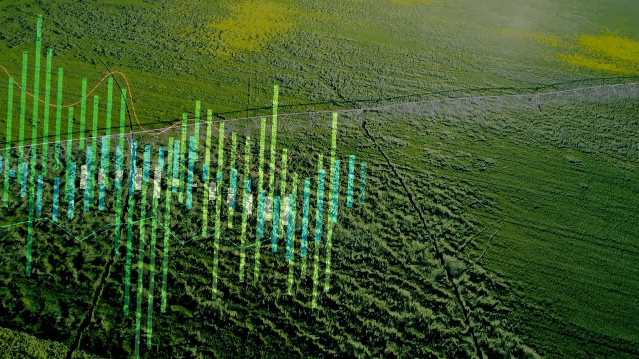 Center pivot irrigation system displaying digital data overlay across green field, in 3D render