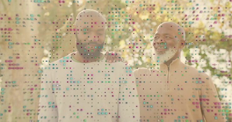Senior placing hand on son's shoulder, supporting health while son smiling under pixel dot overlay