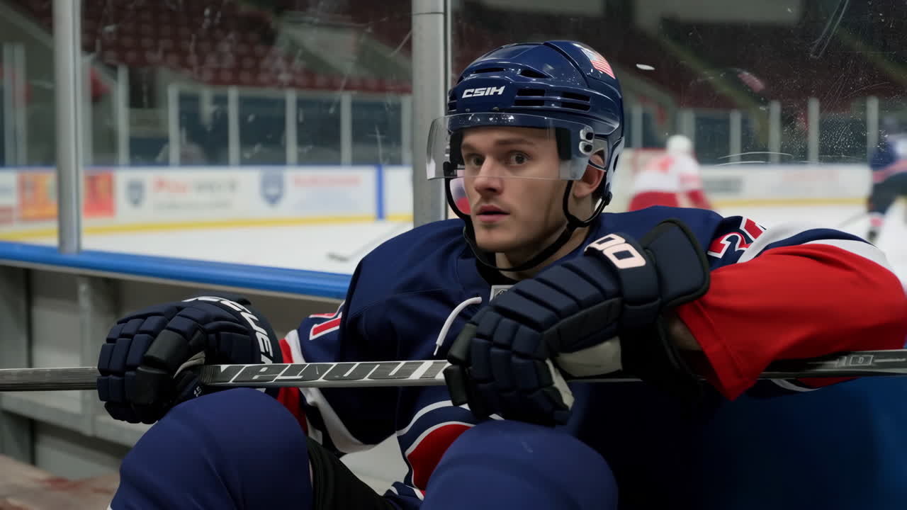 A male hockey player sitting on a bench during a game or practice at an ice rink