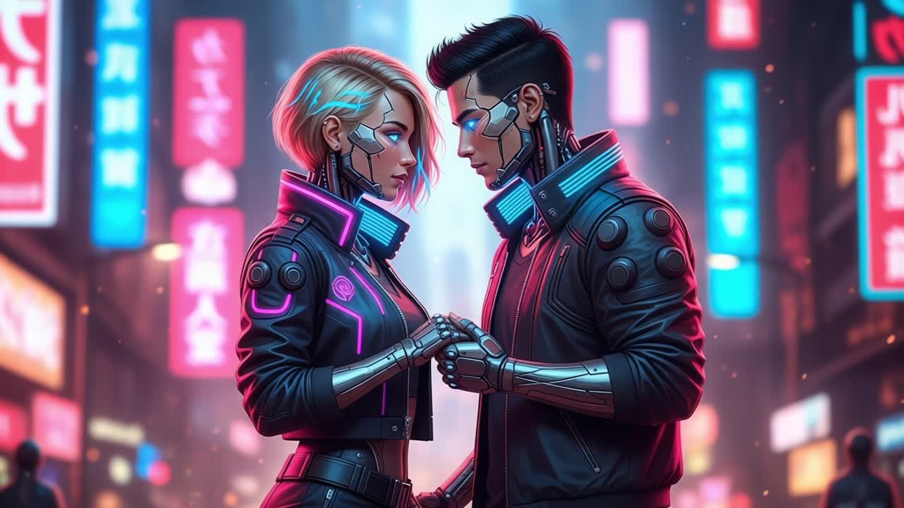 In a futuristic cyberpunk world, a couple engages in a moment of deep connection as they hold hands amidst the vibrant neon lights and technology of their urban environment