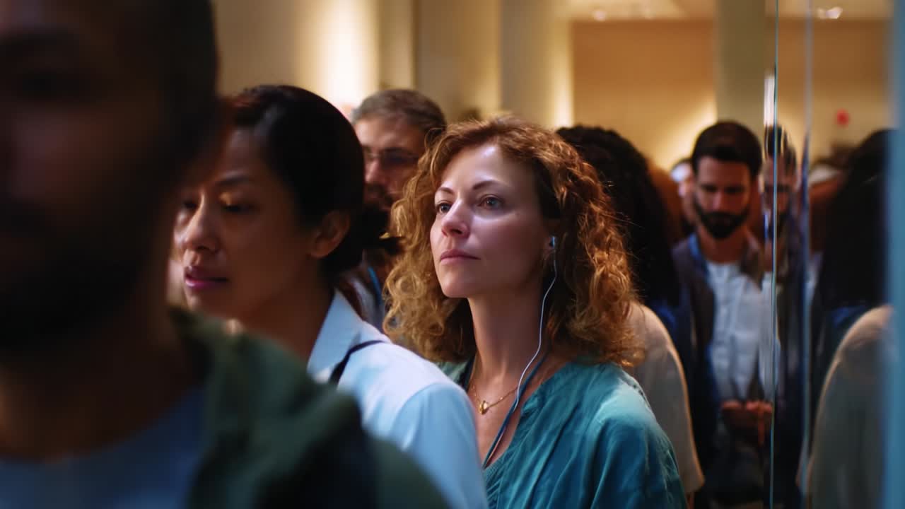 A Captivating Moment in a Crowded Space: Unveiling the Inner Thoughts of a Young Woman Listening to Music Amidst a Diverse Group of People in a Busy Environment