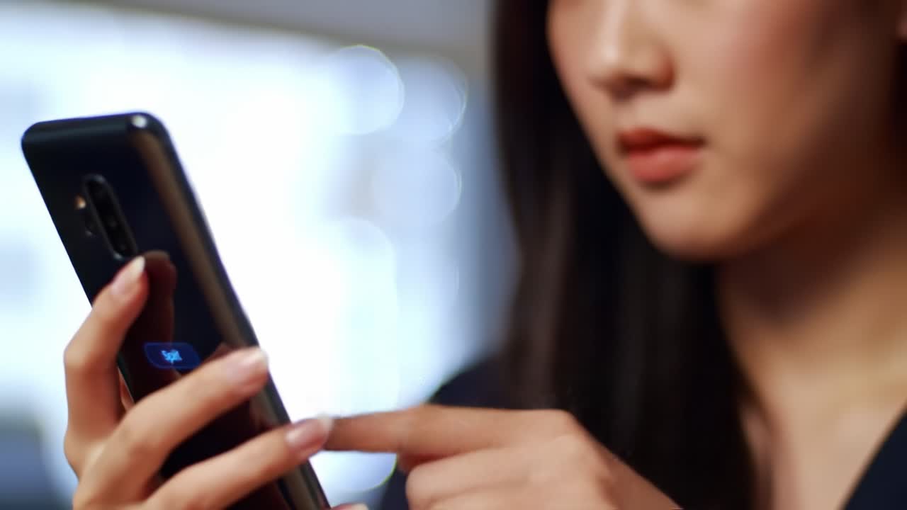 A Close-Up of a User Interacting with a Smartphone, Featuring Detailed Fingers and a Focused Expression While Engaged in a Mobile Activity