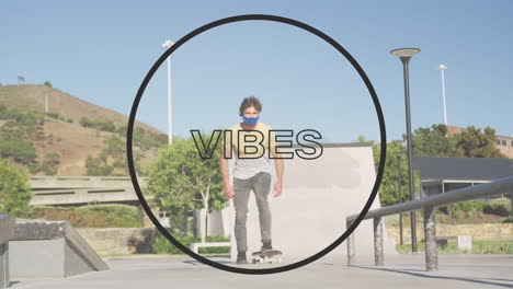 animation of vibes text over caucasian man with face mask skateboarding