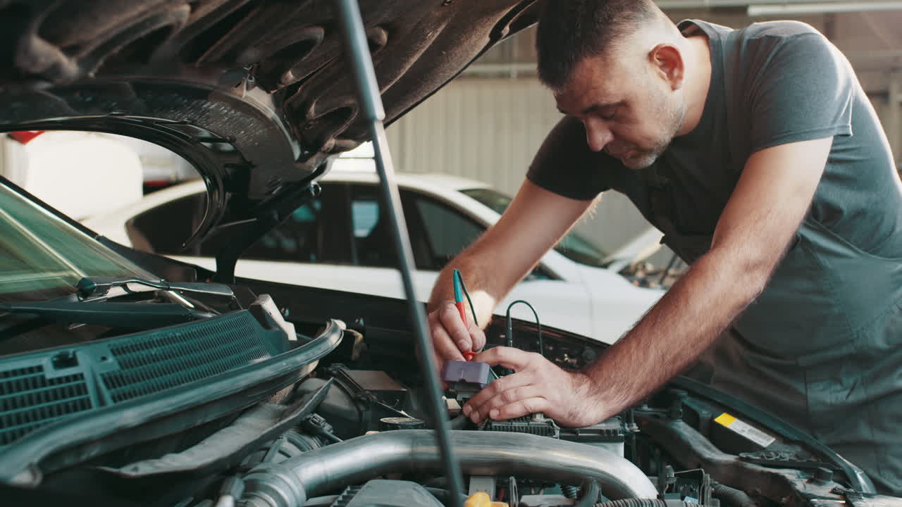 mecánico de automóviles que realiza diagnósticos en un motor de automóvil