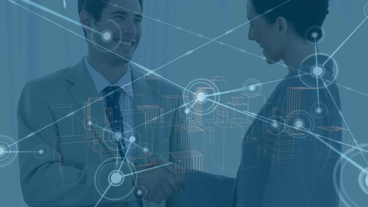 연결된 점의 애니메이션, 카우카스 기업가들이 사무실에서 손을 흔드는 도시의 3d 모델