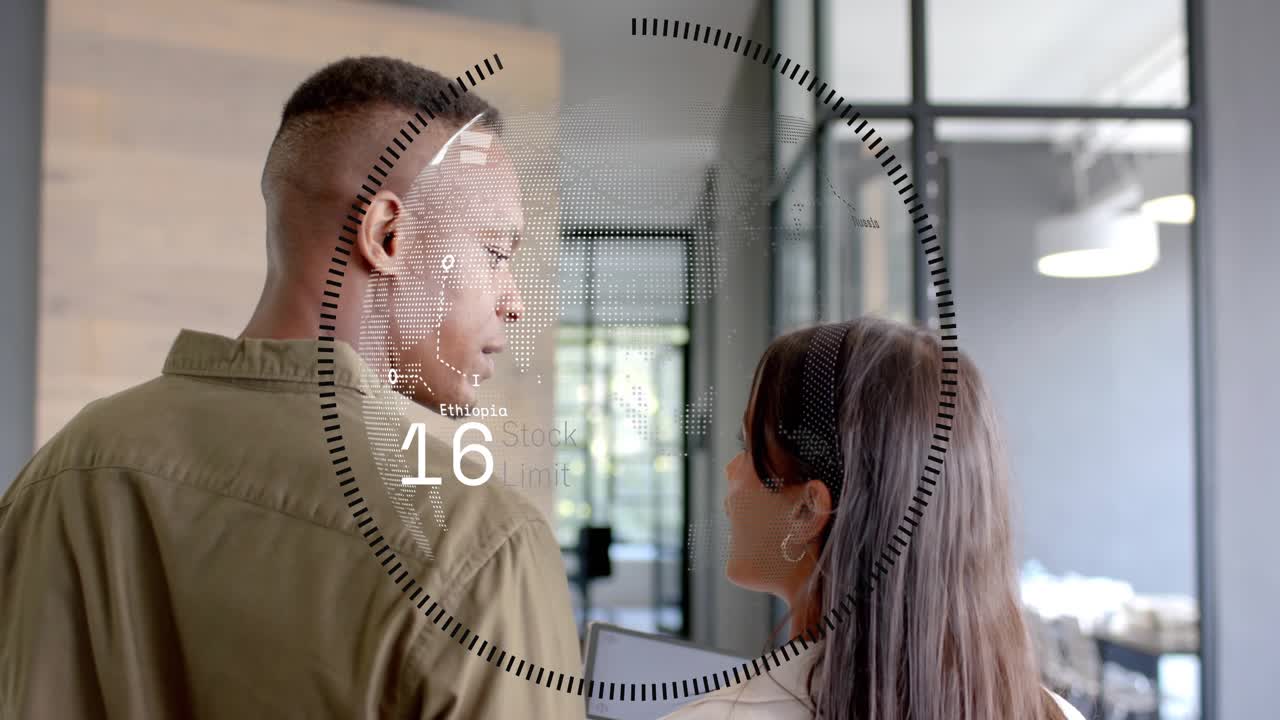 Woman tapping tablet, man leaning, HUD overlay animating numbers and progress ring for business