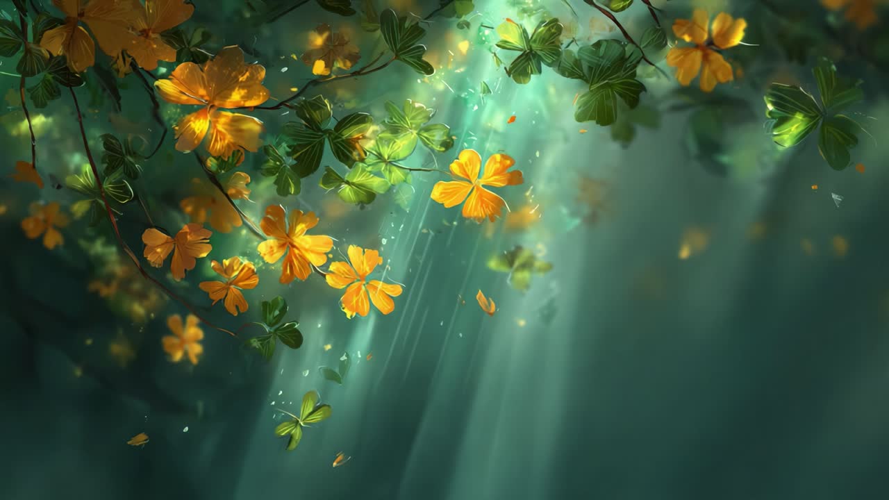 A Serene Glimpse into Nature's Beauty: Radiant Orange Flowers Amidst Lush Greenery Illuminated by Soothing Soft Light in a Magical Forest Setting