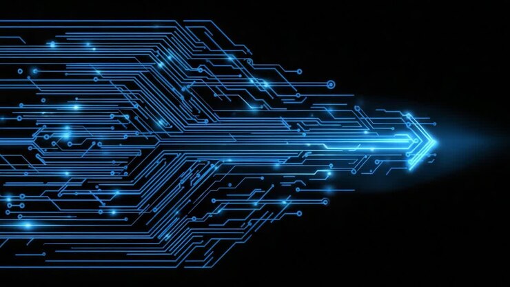 A Dynamic Representation of Technology with a Futuristic Blue Arrow and Circuit Patterns, Illustrating Speed and Innovation in a Digital World