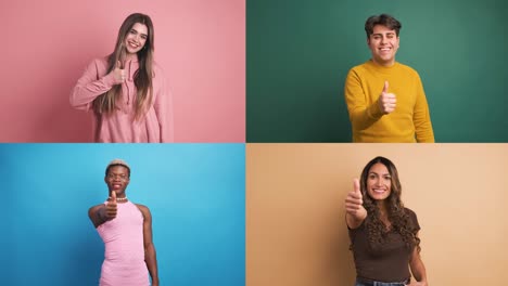 Multiple Screen Montage: Diverse young people showing thumb up gesture