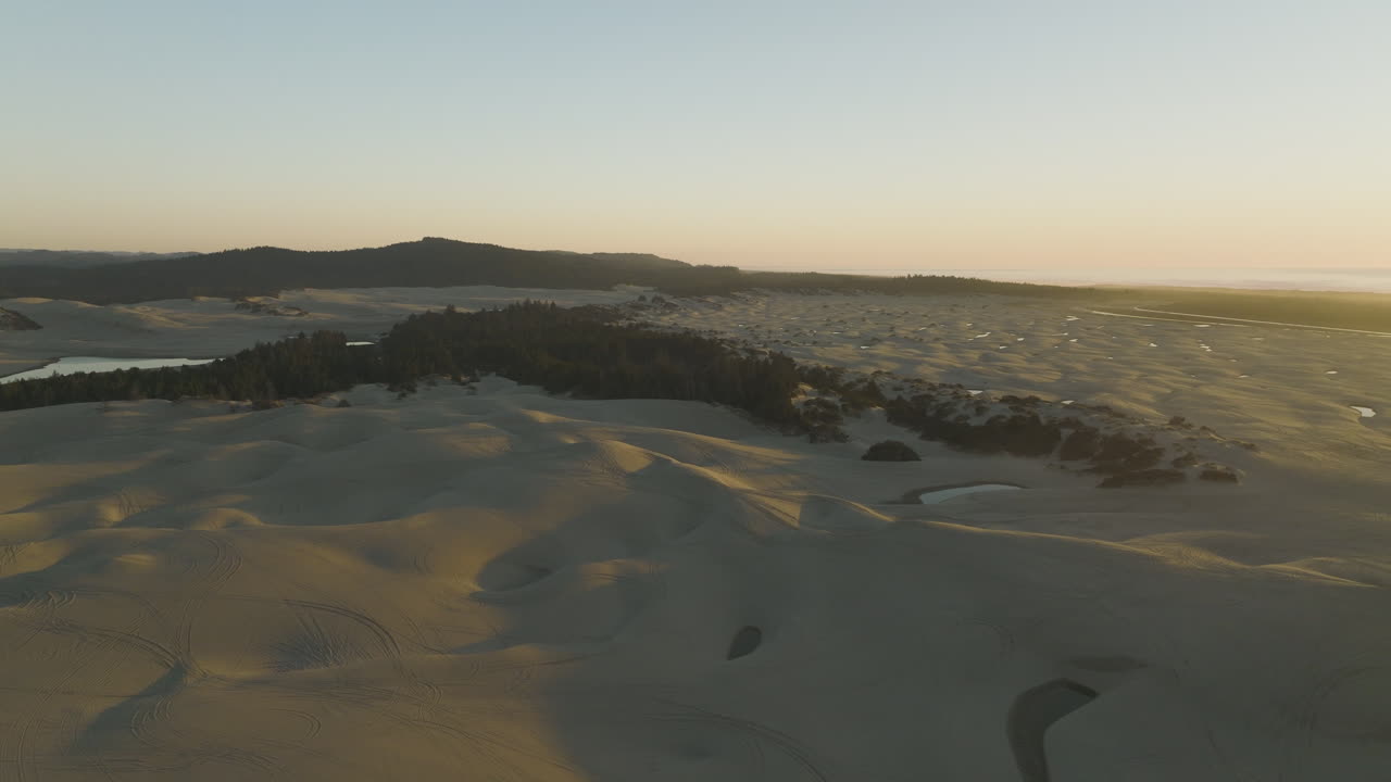 Golden light illuminating sand dunes near Florence and Dunes City, Oregon; setting used as inspiration for desert planet Arrakis in film series, Dune.