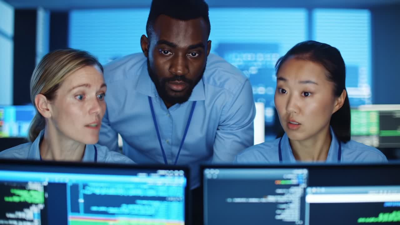 Focused Team Analyzing Code and Data on Multiple Computer Screens in a High-Tech Workspace, Highlighting Collaboration and Problem-Solving Skills