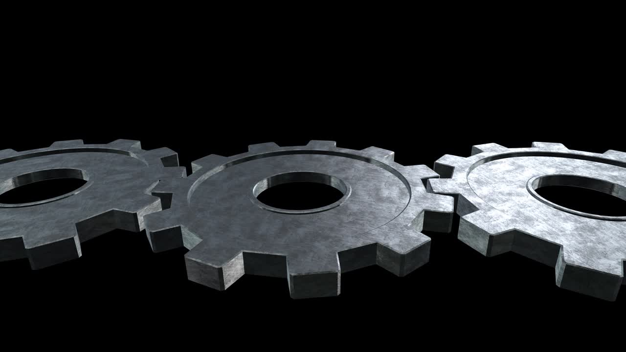 los engranajes girando vuelan solos y se convierten en un engranaje gris. fondo negro. canal alfa