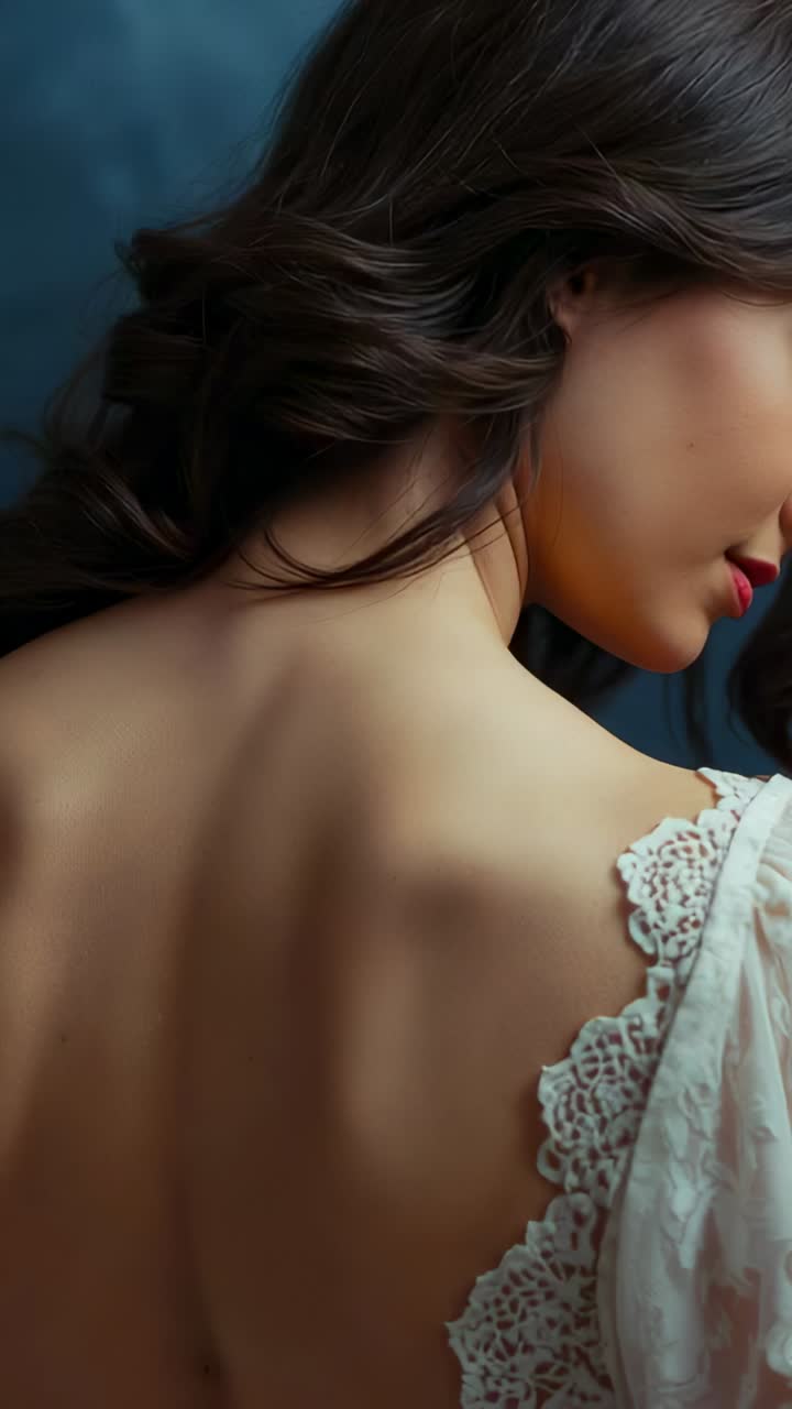 Vertical video: Camera rolling, turning model showing lace dress in studio for portrait