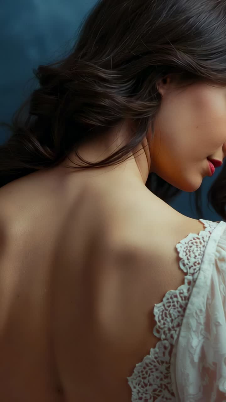 Vertical video: Camera rolling, turning model showing lace dress in studio for portrait