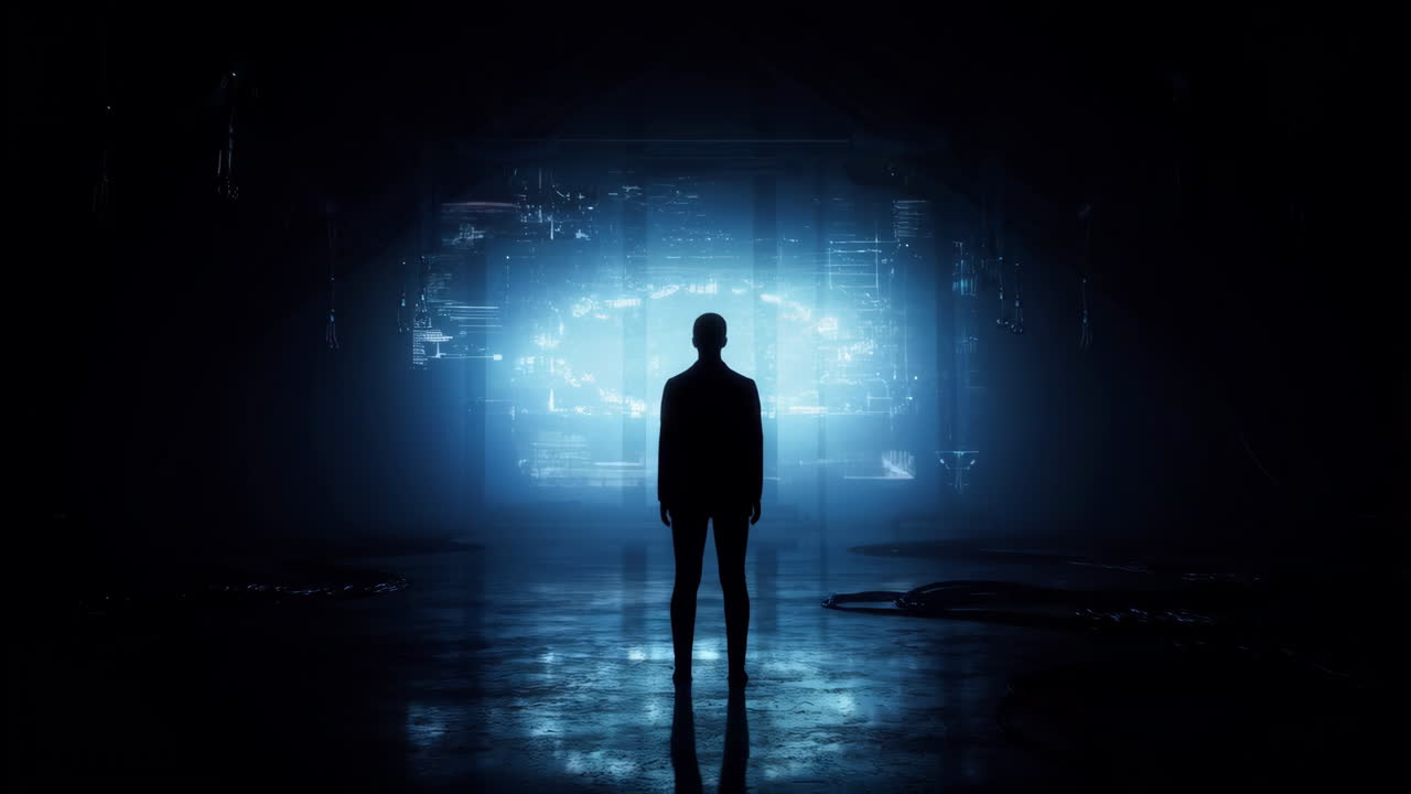 Silhouette Standing Before a Luminous Digital Gateway
