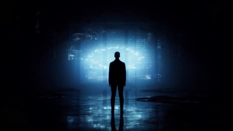 silhouette standing before a luminous digital gateway