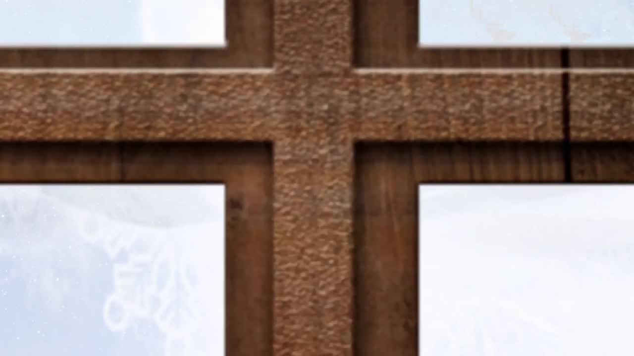 창문 을 통해 볼 수 있는 겨울 풍경 의 사 ⁇  과 함께  ⁇ 매 를 타고 있는 산타클로스 의 애니메이션