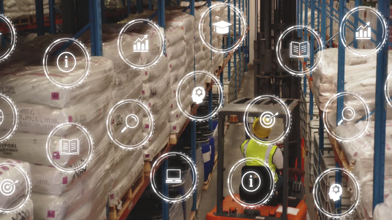 animación de iconos, vista trasera de un trabajador afroamericano apilando sacos usando una carretilla elevadora en un almacén