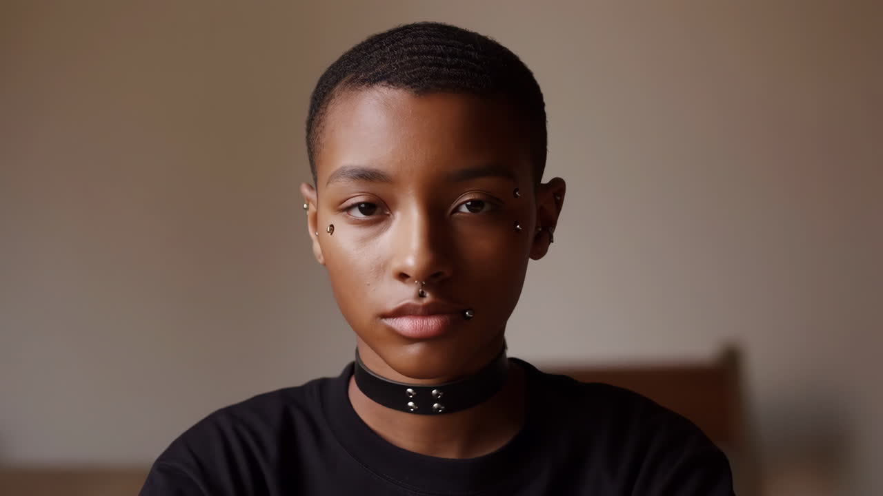 Portrait of a young person with facial piercings and a choker