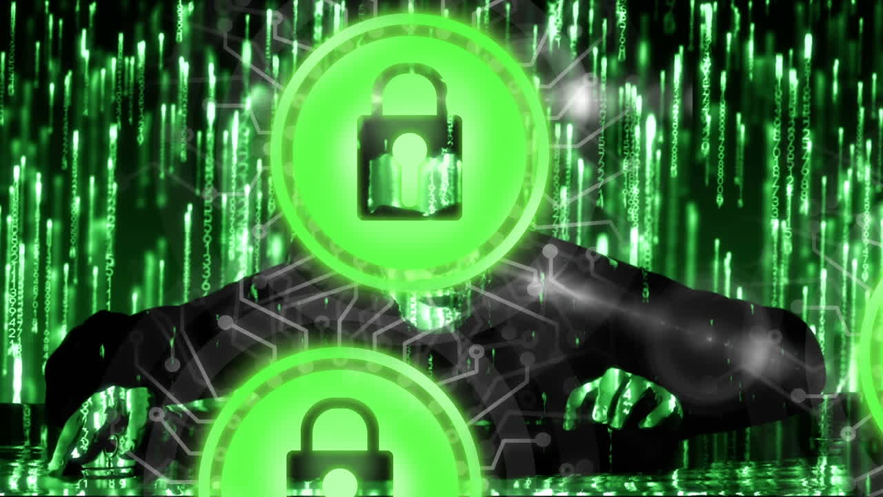animación de la red de conexiones con iconos de seguridad de candado sobre codificación binaria y hacker