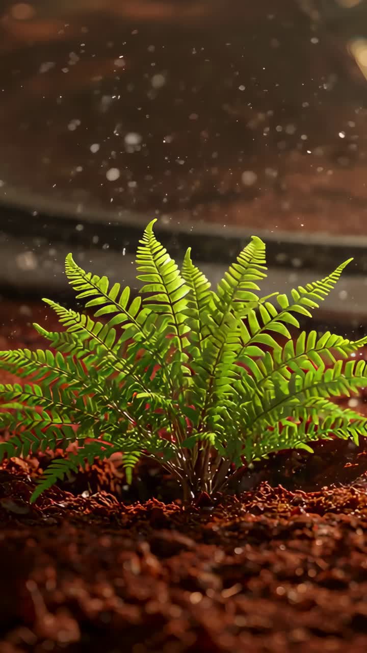 Vertical video: Glowing small fern bathing in warm backlight in terrarium on tan soil with droplets