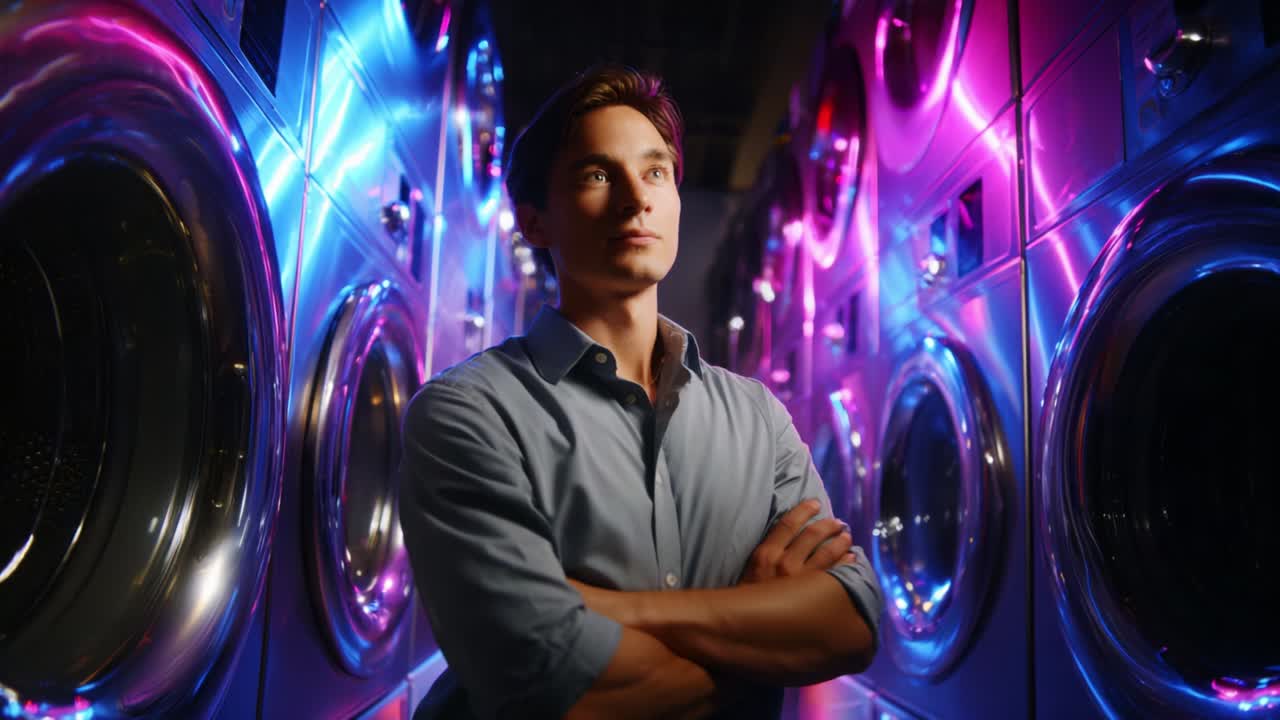 A Young Man Contemplating in Modern Laundry Room Surrounded by Colorful LED Lights Reflecting off Washing Machines, Evoking a Sense of Wonder and Mystery in a Vibrant Atmospheric Setting