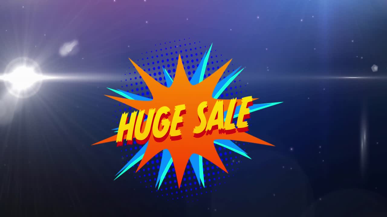 레트로의 애니메이션 거대한 판매 노란색 텍스트 이상 음성 거품 파란색 배경에