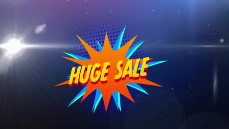 Animation-of-retro-huge-sale-yellow-text-over-speech-bubble-on-blue-background