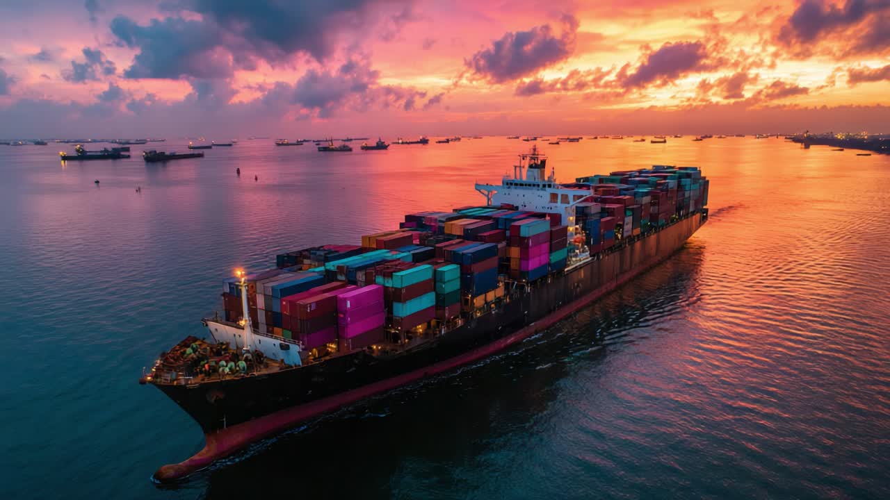 A Majestic Container Ship Navigating Through a Vibrant Sunset Over Tranquil Waters with Colorful Cargo Amidst a Scenic Maritime Landscape