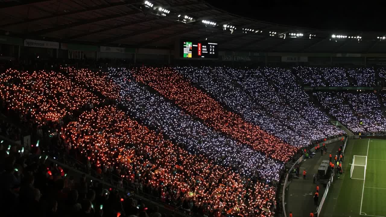 A Vibrant Display of Unity: Fans Illuminate the Stadium with Colorful Lights in a Dazzling Show of Support During a Nighttime Event, Creating a Stunning Visual Experience
