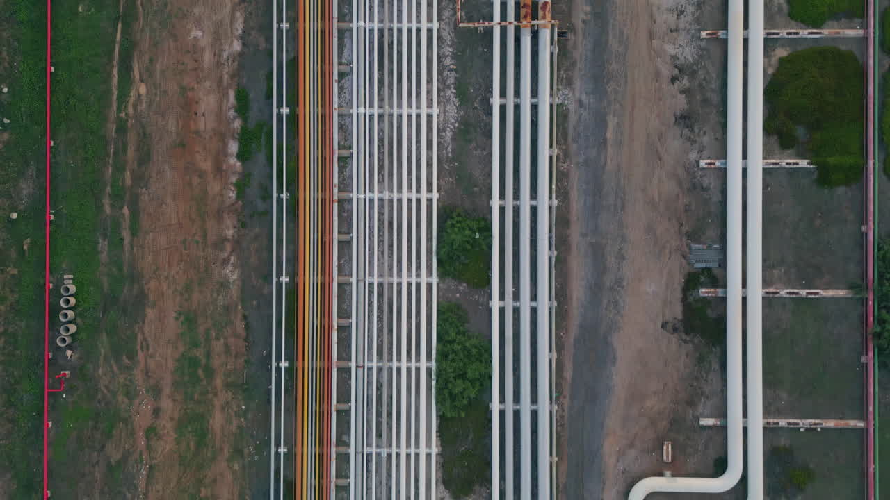 Power plant pipeline drone view. Gas oil transportation system at energy factory