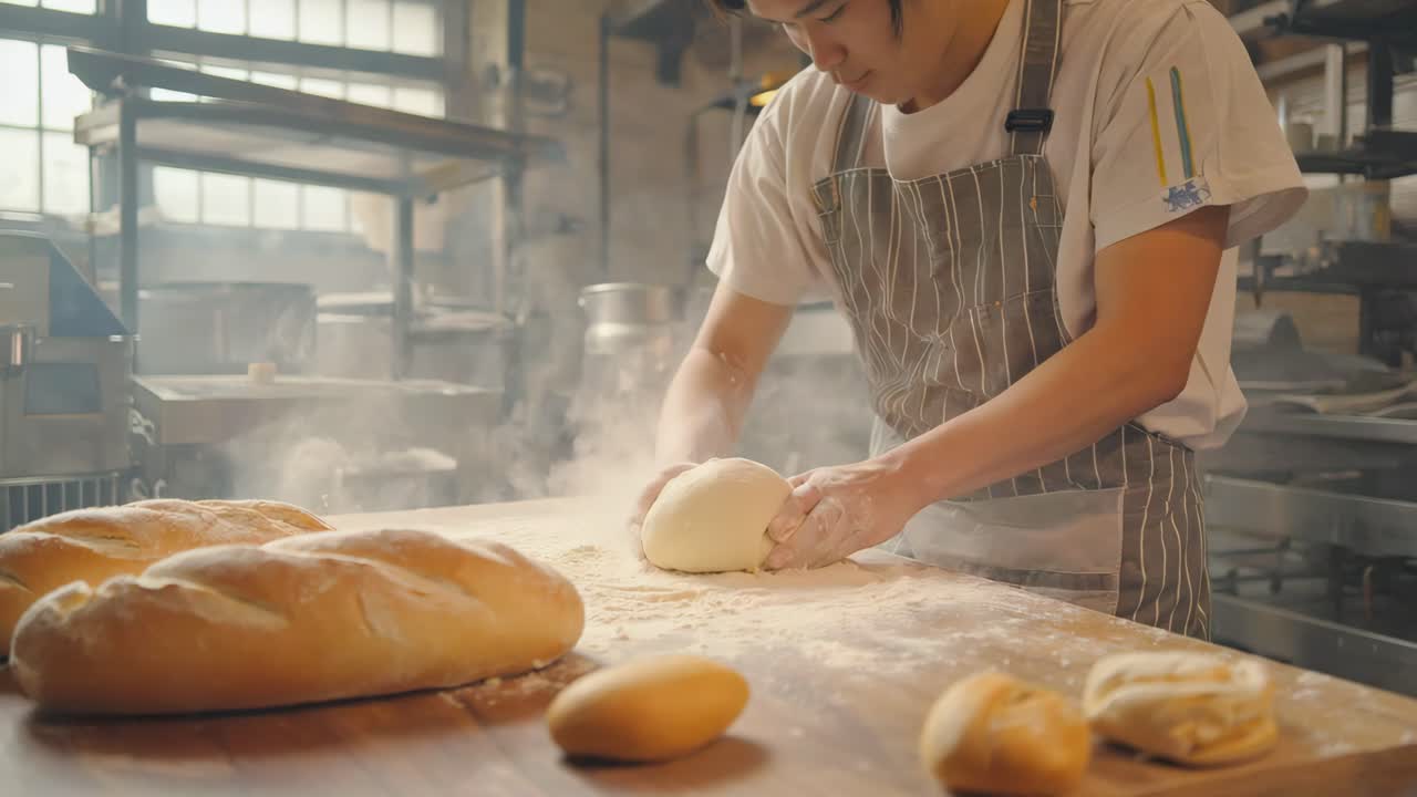Bakker die deeg in een keuken kneedt