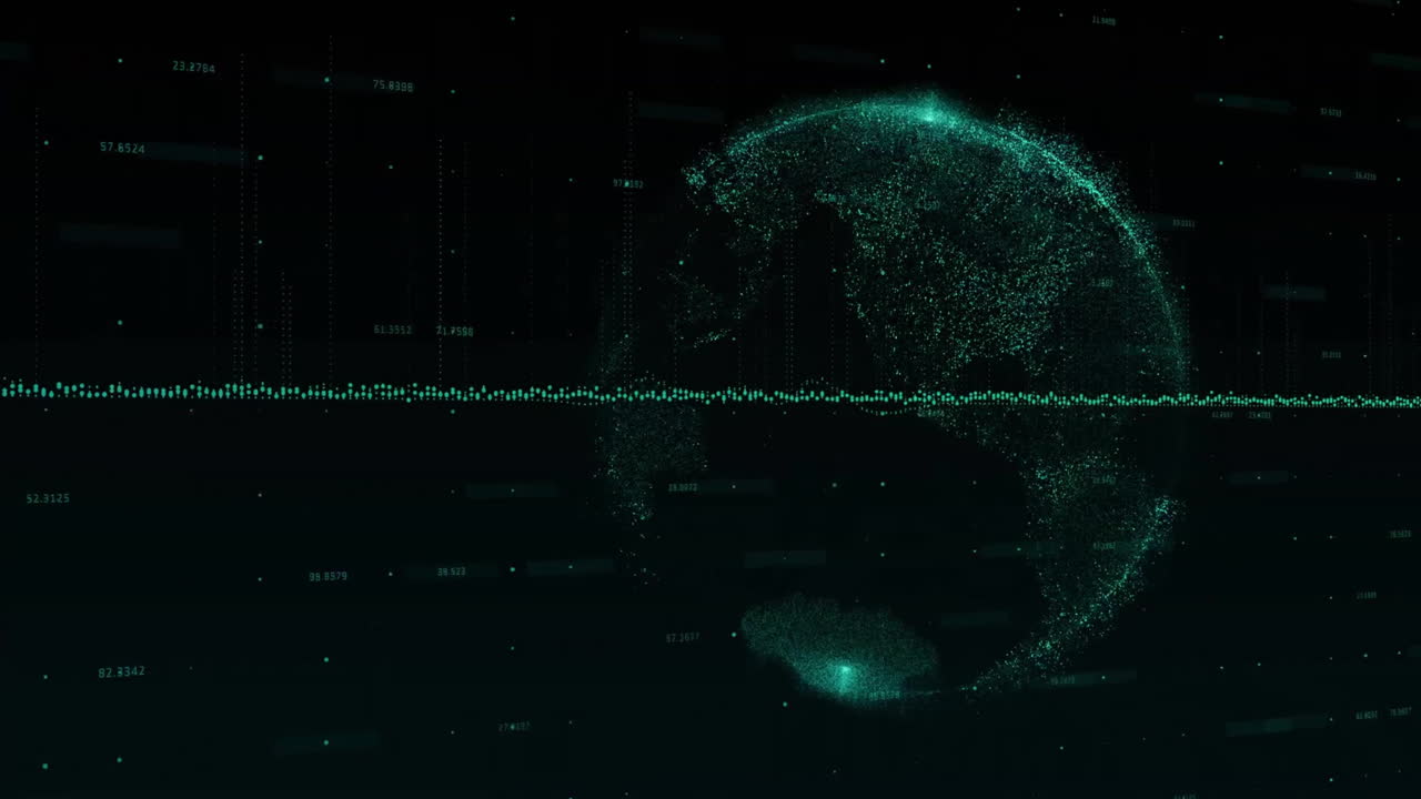 Animation of financial data processing over globe on dark background