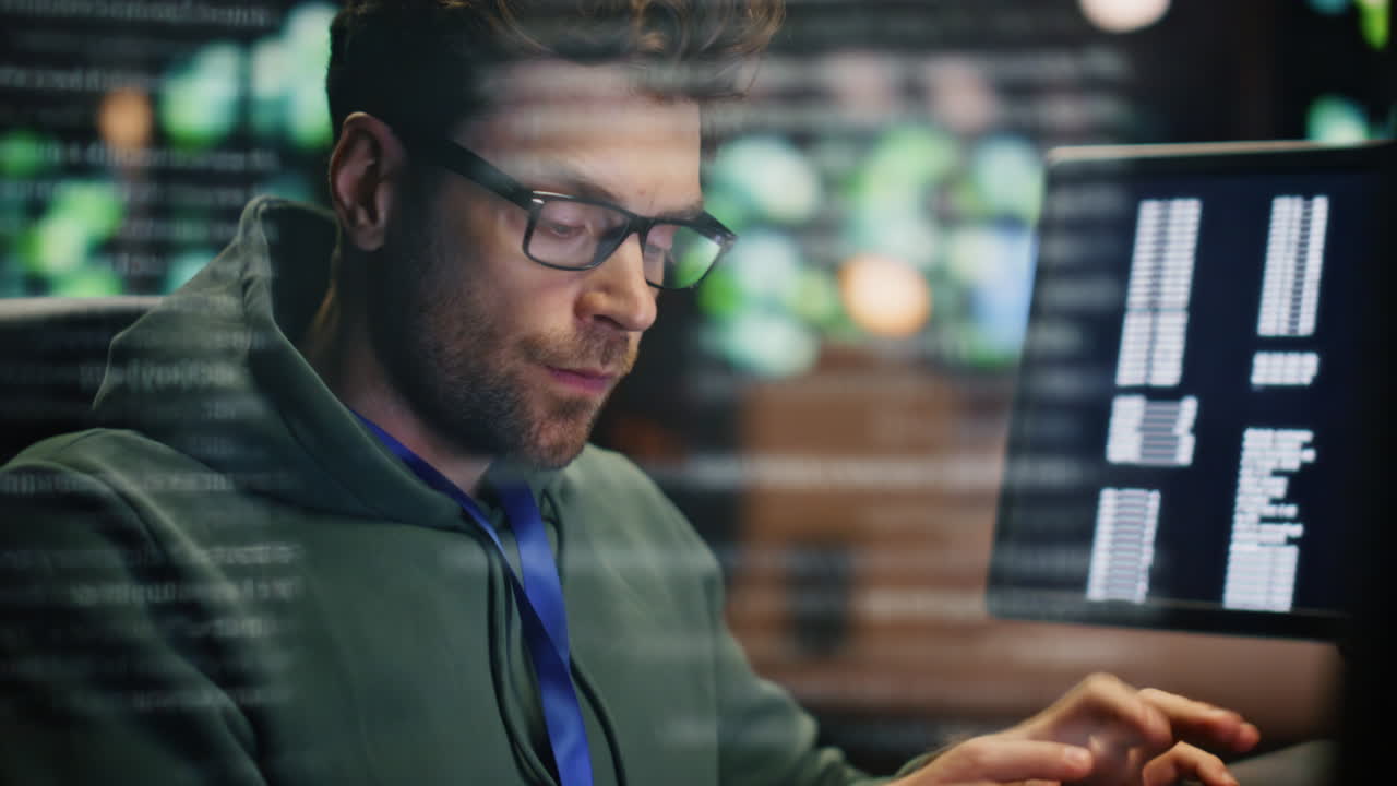 desarrollador de software inspirado computadora de trabajo en la sala de datos reflexión de primer plano