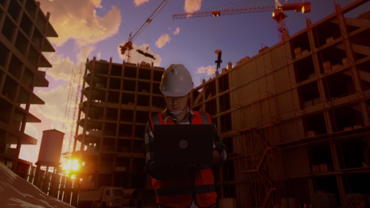 Construction Engineer Working on Laptop at Sunset