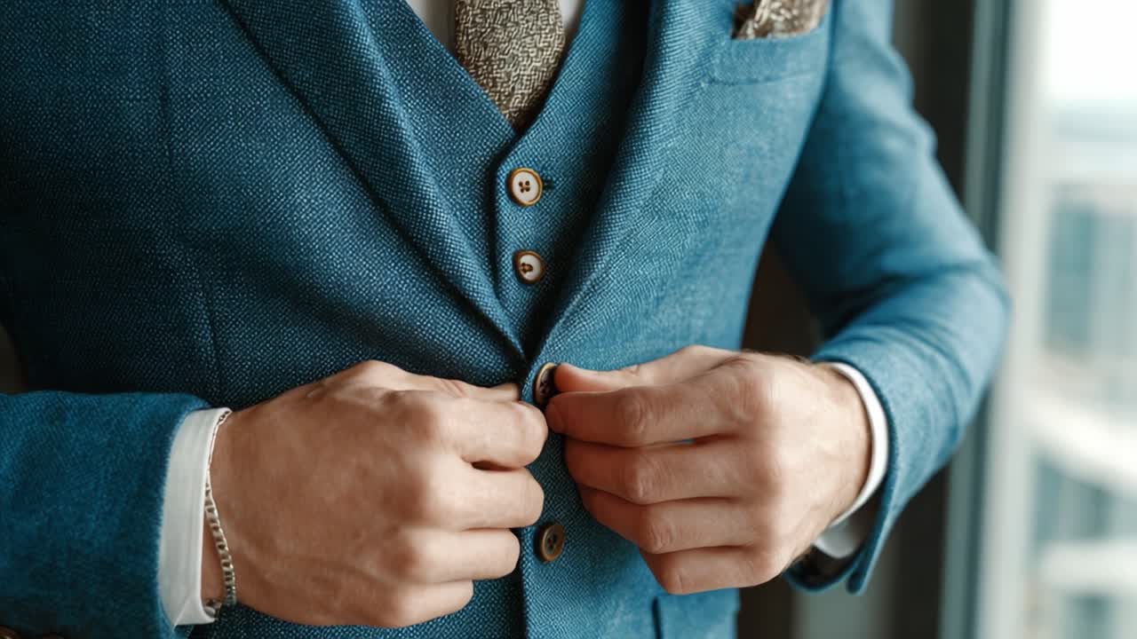 Potret Fesyen Elegan: Seorang Individu Berbusana Apik Membenarkan Jas Biru Bergaya dengan Teliti di Suasana Perkotaan Modern