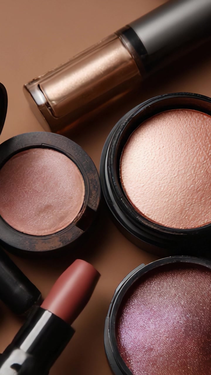 A Collection of Cosmetics Featuring Various Makeup Products Including Lipsticks, Blushes, and Highlighters on a Warm Brown Background