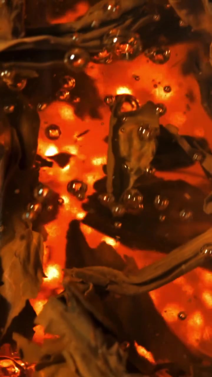 Close-up of Tea Leaves Steeping in Hot Water with Bubbles