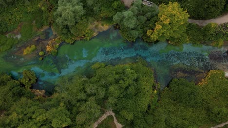 scenic top-down shot of albania blue eye, syri i kaltër, blue water river spring with dense vegetation