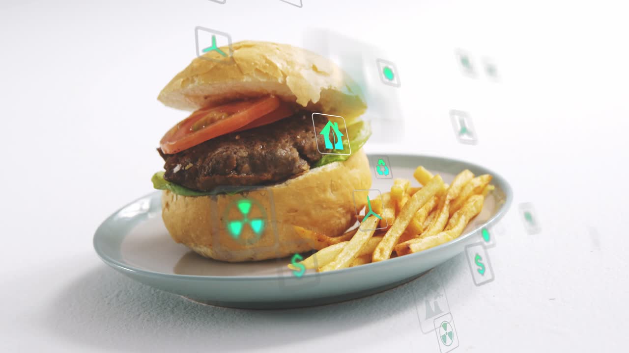 Đĩa trượt sang trái khiến máy ảnh đẩy hoặc quét ngang, đưa bánh burger vào tiêu điểm giữa biểu tượng teal đang di chuyển