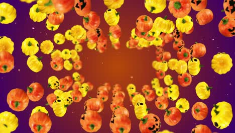 flying many orange and yellow pumpkins. gradient background. cartoon faces with smile. 3d animation for the holiday halloween. loop animation.