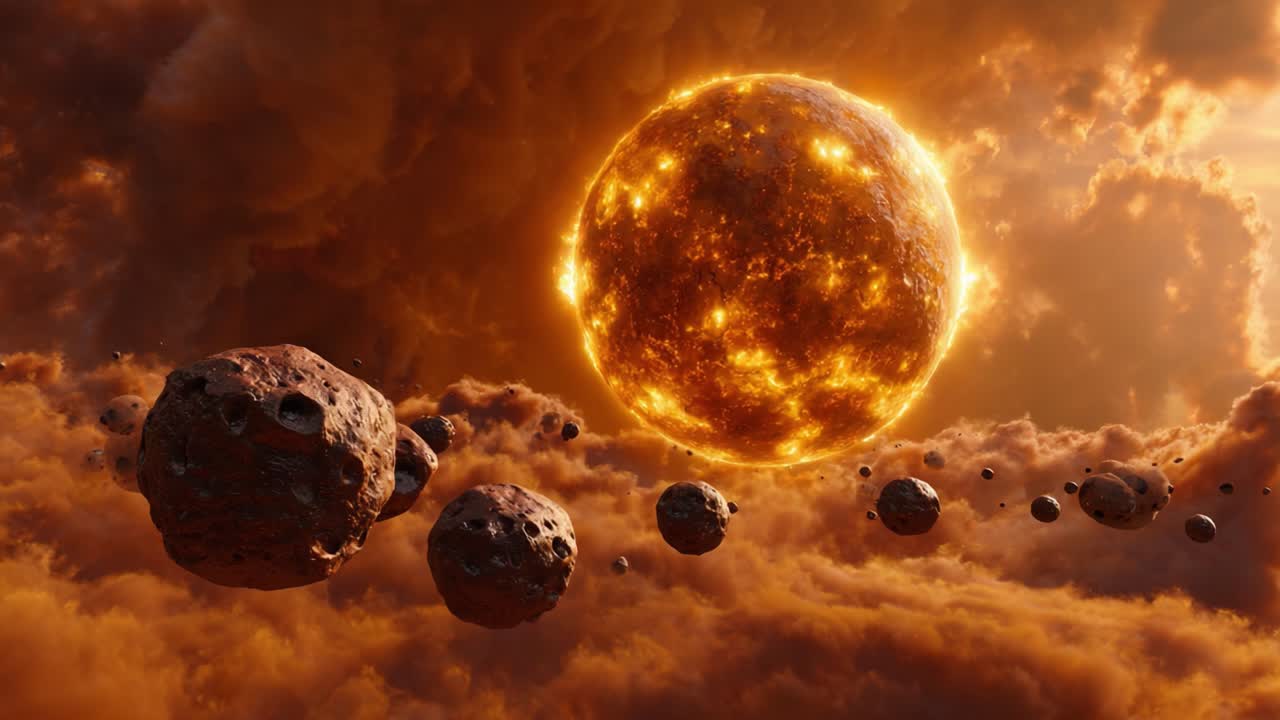 A Cosmic Journey Through Space: Glimpse into the Celestial Realm with a Luminous Sun and Asteroids Floating Among Dramatic Cloud Formations