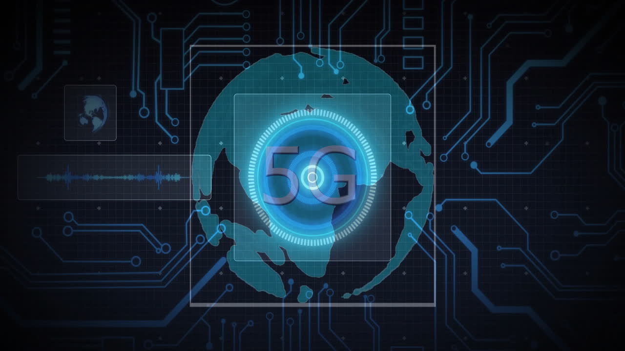 Animation of 5g text and digital data processing over circuit board