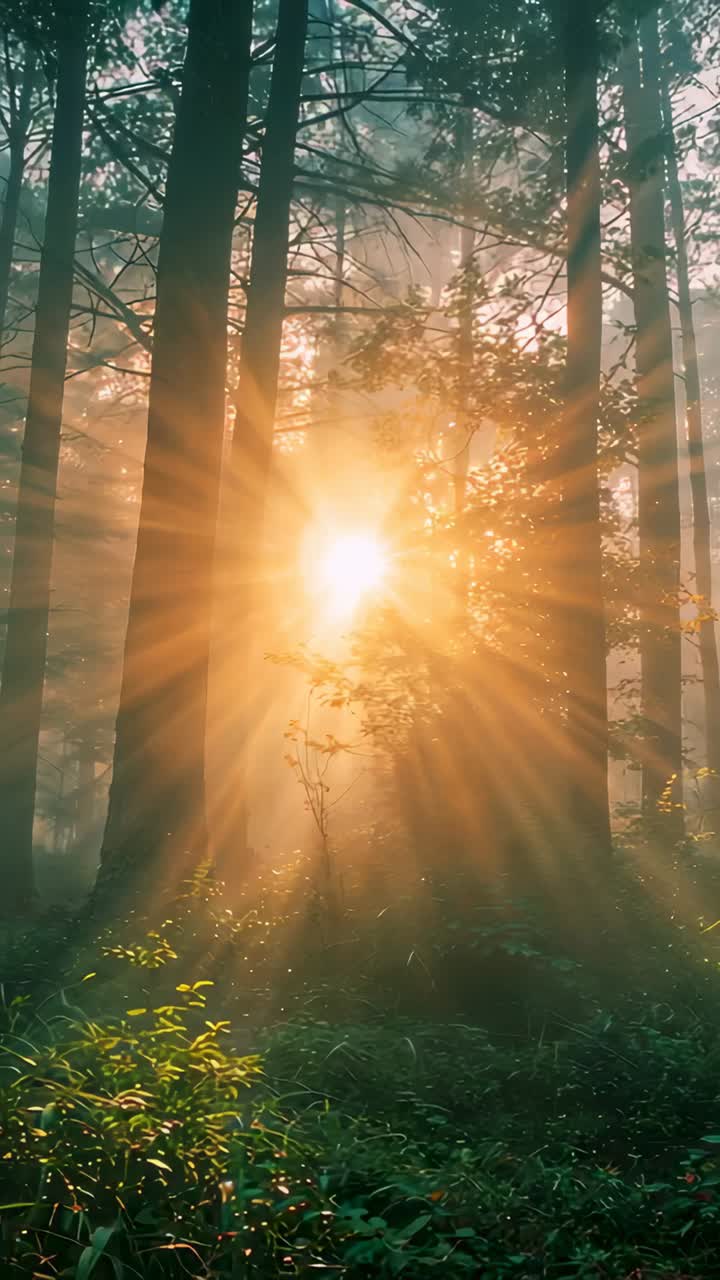 Vídeo vertical: sol nascendo e emitindo raios intensos através de uma floresta enevoada, iluminando troncos, brotos e samambaias