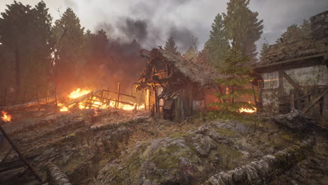 burning wooden house in old village