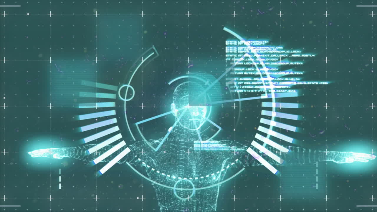 녹색 배경에 회전하는 인체 모델에 대한 둥근 스캐너와 빛의 흔적