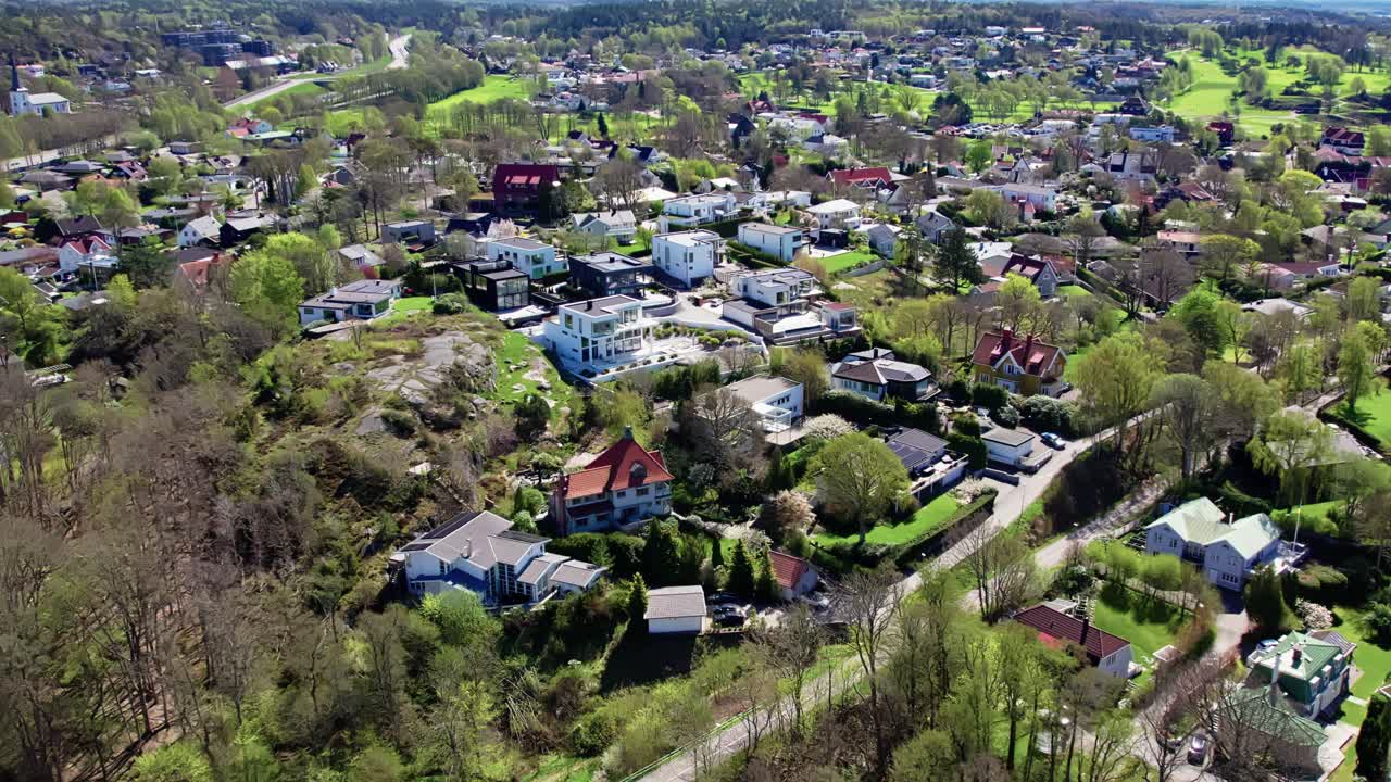 Upscale Residential Area Near The Coast In Askim, South Of Gothenburg, Sweden. Aerial Drone Shot